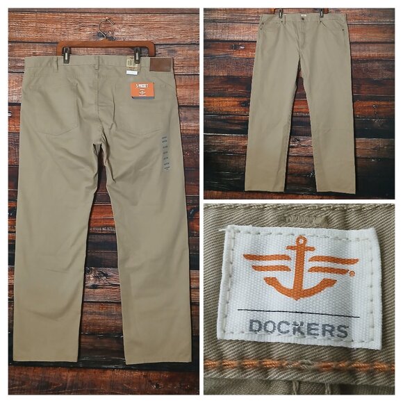 NWT Dockers Pants Mens 42X30 Chino Straight Fit Khaki Tan 5 Pocket 100% Cotton - Picture 1 of 12